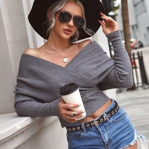 boho gypsy overlap off shoulder Charcoal sweater
